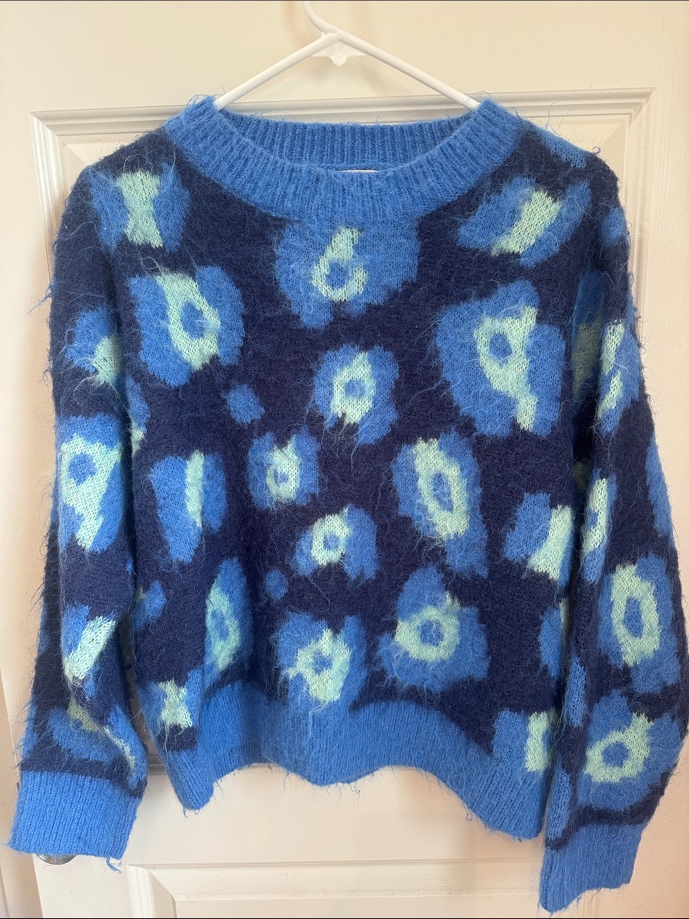 Fuzzy Blue Patterned Crewneck Sweater - Women's - Easy Clothes